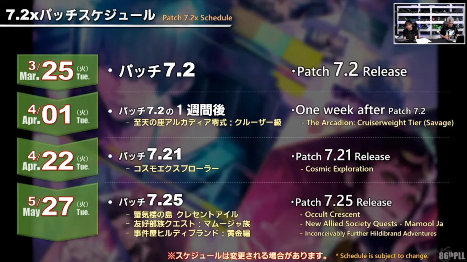 XIV Patch 7-2 Schedule